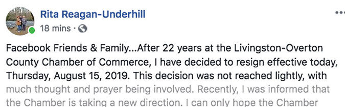 Reagan-Underhill resigns from Chamber of Commerce
